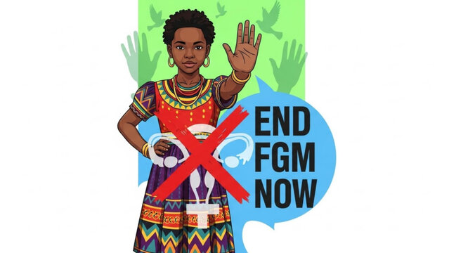 Woman protesting against Female Genital Mutilation illustration for awareness and human rights campaigns end FGM concept