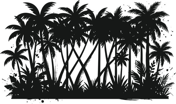 Dense tropical palm tree jungle silhouette with layered foliage and grunge ink splatter, dramatic black nature illustration isolated on white background