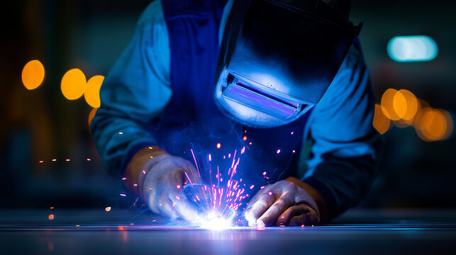 Industrial worker welding metal with sparks flying, symbolizing skilled labor, manufacturing, and heavy industry craftsmanship.
 - Powered by Adobe
