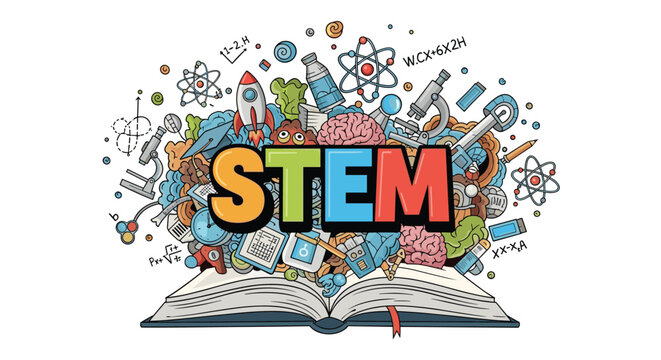 STEM education concept with colorful letters and various scientific icons coming out of an open book on white background.