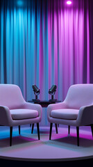 Minimalist podcast studio setup with two armchairs and microphones illuminated by colorful stage lighting, creating a modern talk show atmosphere.
