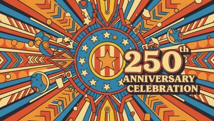 Retro 1970s America bicentennial vector poster bold geometric patterns stars stripes 250th anniversary vintage celebration orange red blue yellow gradient
