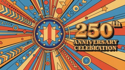Retro 1970s America bicentennial vector poster bold geometric patterns stars stripes 250th anniversary vintage celebration orange red blue yellow gradient