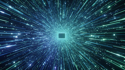 Abstract digital tunnel with glowing data streams converging on a central processor chip, symbolizing high-speed technology and information flow.