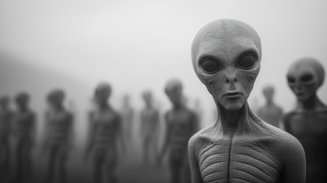 Group of alien humanoid beings standing together in a foggy environment, symbolizing extraterrestrial life, mystery, and science fiction imagination.
