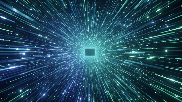 Abstract digital tunnel with glowing data streams converging on a central processor chip, symbolizing high-speed technology and information flow. - Powered by Adobe