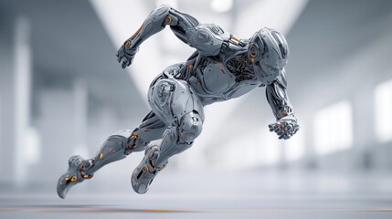 Humanoid robot sprinting forward, symbolizing artificial intelligence speed, performance, and advanced robotic mobility.
