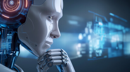 Humanoid AI robot analyzing data on futuristic screens, symbolizing artificial intelligence reasoning, decision making, and advanced analytics.
