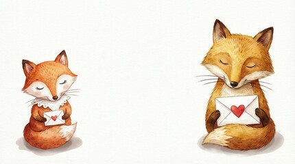 Cute foxes holding love letters with heart symbols