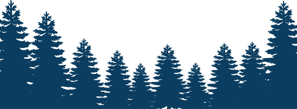 Evergreen pine tree forest silhouette border in deep blue tones, minimalist woodland landscape illustration isolated on white background