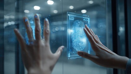 Futuristic scene with a digital display showing a fingerprint scan interacting with two hands