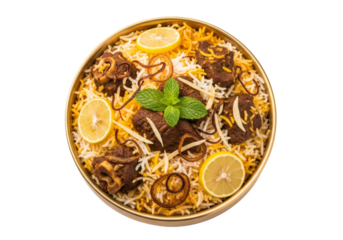 top-down biryani rice dish with lemon slices and mint garnish
