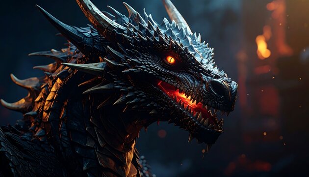 A close-up view of a fearsome black beast with glowing red eyes, sharp spines, and intricate scales, set against a fiery background