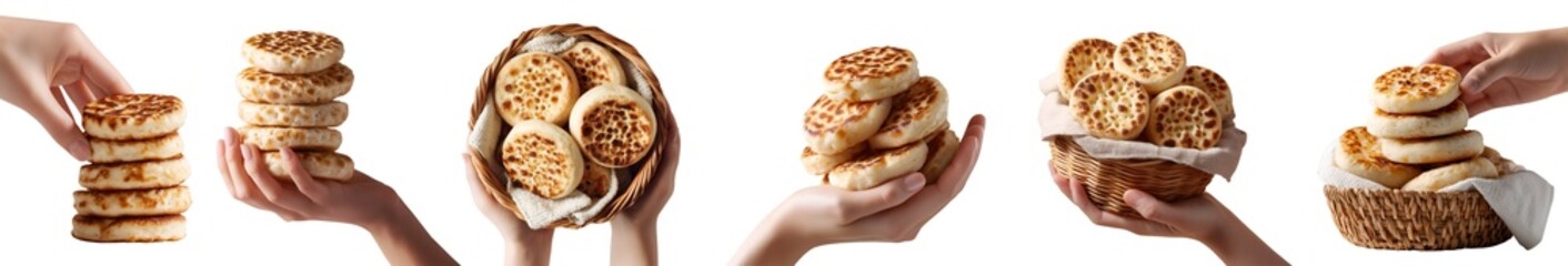 Set of hand holding Crumpet griddle pikelets, classic bread bun pastry, rattan basket, pile stack group, transparent cutout PNG. Many different style. Mockup for design artwork