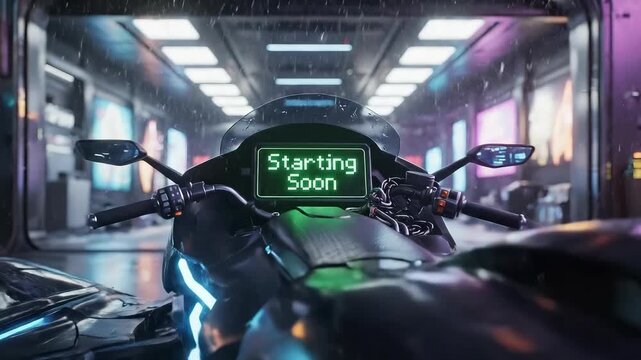 Cyberpunk Motorcycle with 'Starting Soon' Display in Neon-Lit Sci-Fi Tunnel