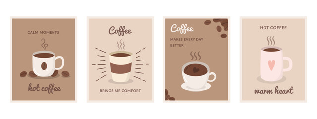 Set of pastel coffee themed posters with hand drawn coffee cups and inspirational quotes