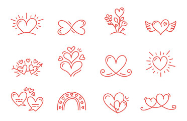 Hand drawn romantic doodles with hearts for Valentines day, wedding, love theme