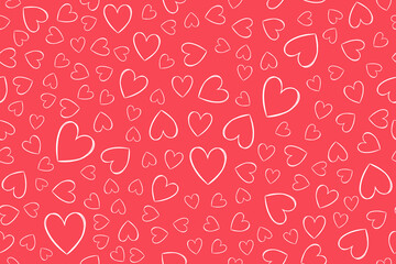 Seamless pattern of doodle white hand drawn hearts in various sizes on red background