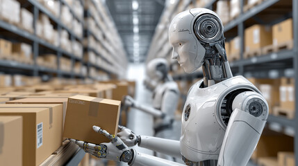 Humanoid robot handling cardboard boxes inside a fulfillment center, symbolizing artificial intelligence in automated order processing and warehouse operations.

