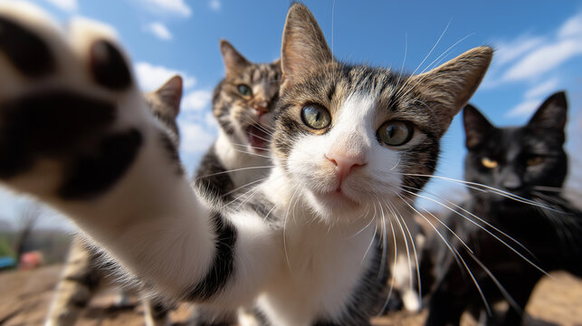 Group of curious cats looking into the camera outdoors, symbolizing humor, curiosity, and playful animal behavior.
