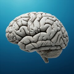 The Coral Bleaching: A realistic human brain with the texture of white bleached coral, brittle and full of small cracks and holes, blue sea background.