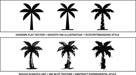 Fototapeta premium Modern black palm tree vector set showing flat minimal silhouettes and rough scratch ink textures for branding and design use