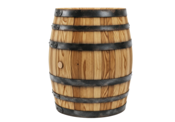 Rustic wooden barrel, light brown oak staves, intricate wood grain, dark weathered metal hoops, on pristine plain white background, 3/4 view. Concept of artisanal craftsmanship