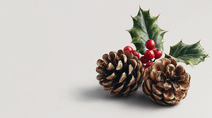 Christmas pine cones with holly sprig on the table 