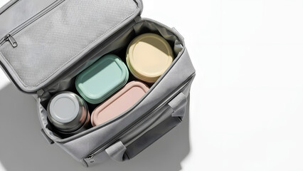 Insulated lunch bag open with containers in pastel colors  