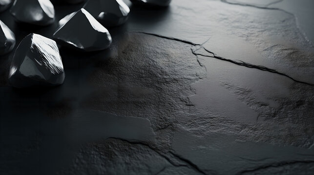 Raw molybdenum ore crystals on black shale with metallic reflections,showcasing strategic mineral resources and clean energy materials for industrial use.