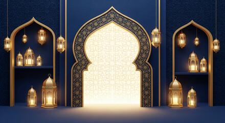 Luxury Islamic Greeting Background with Golden Lanterns on Blue Arch Frame