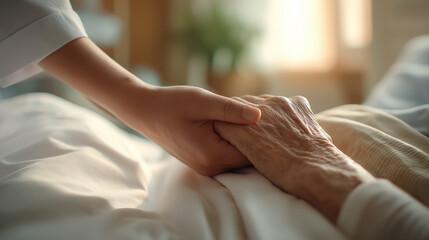 Elderly hands gently held by another person, symbolizing care, compassion, support, and human connection.
