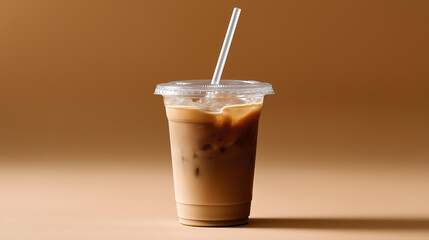 Iced coffee with milk served in a transparent plastic cup, symbolizing refreshment, modern café culture, and summer lifestyle. 