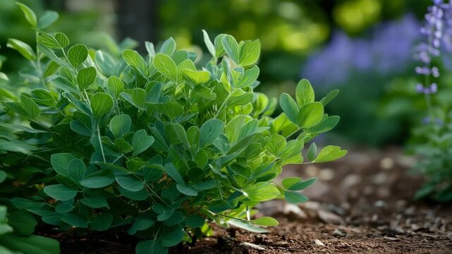 Lush green bush in vibrant garden with mulch and purple flowers