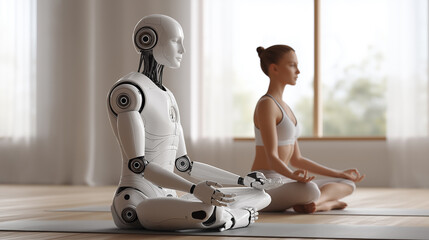 Humanoid robot meditating beside a woman in a calm interior, symbolizing artificial intelligence integration into wellness and mindful living.
