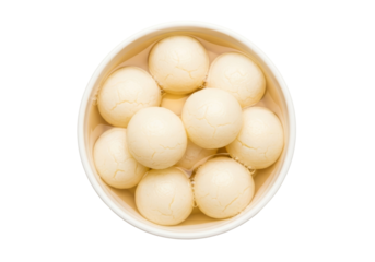 cream colored round dessert balls in white bowl, minimalist food shot