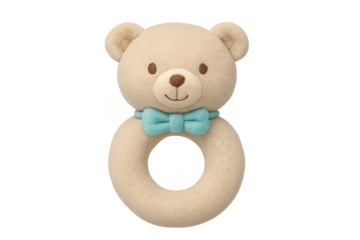 Beige teddy bear baby rattle with blue bow