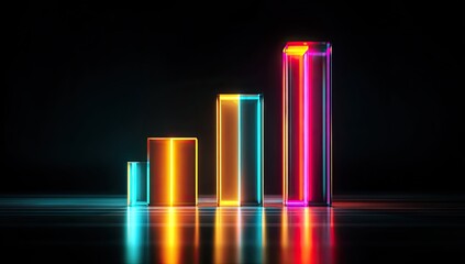 Four ascending, glowing bar graphs with vibrant neon outlines on a dark surface