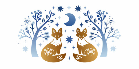 A whimsical illustration featuring two foxes under a crescent moon and stars