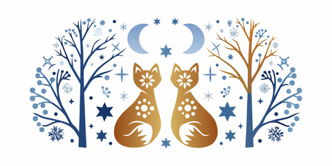 Winter scene with stylized foxes trees moons and sparkling star elements