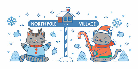 Festive cats welcome you to the north pole village with winter charm