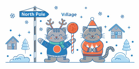 Festive cats near a north pole sign with a winter village backdrop