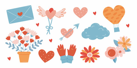 Valentine s day themed illustrations hearts letters flowers and love symbols
