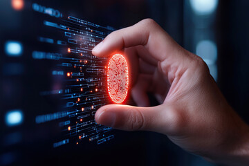 Closeup of hand holding glowing red biometric fingerprint icon against dark digital interface with data streams and security circuitry, conveying identity verification and cybersecurity urgency