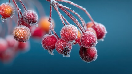 Red berries covered in frost on a branch against a blue background berry winter