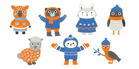 Cute cartoon animals wearing winter clothes llama sheep penguin and owl