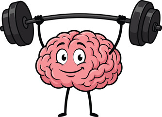 Brain power cartoon icon, mental strength, cognitive fitness, smiling brain, barbell lifting, educational, motivational, black vector graphics