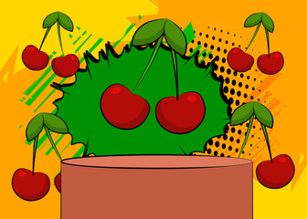 Comic Book Product podium stage for mockup presentation with Cherry. Retro comics background.