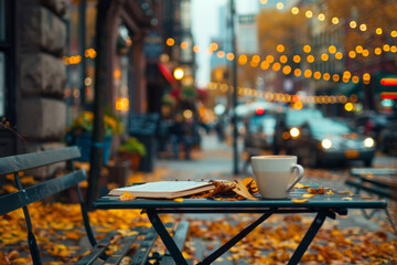 A sidewalk cafe in autumn, small table with cup and book, yellow fallen leaves on ground. Ai generative