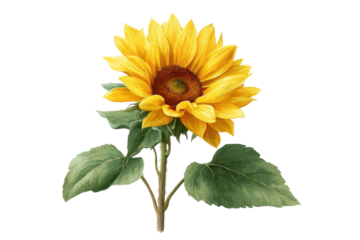 Single bright yellow sunflower with green leaves isolated on black background bloom blossom